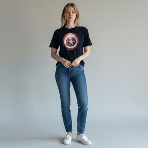 Marvel Captain America Tee Shirt 100% Cotton Solid Navy Blue Short Sleeve size L